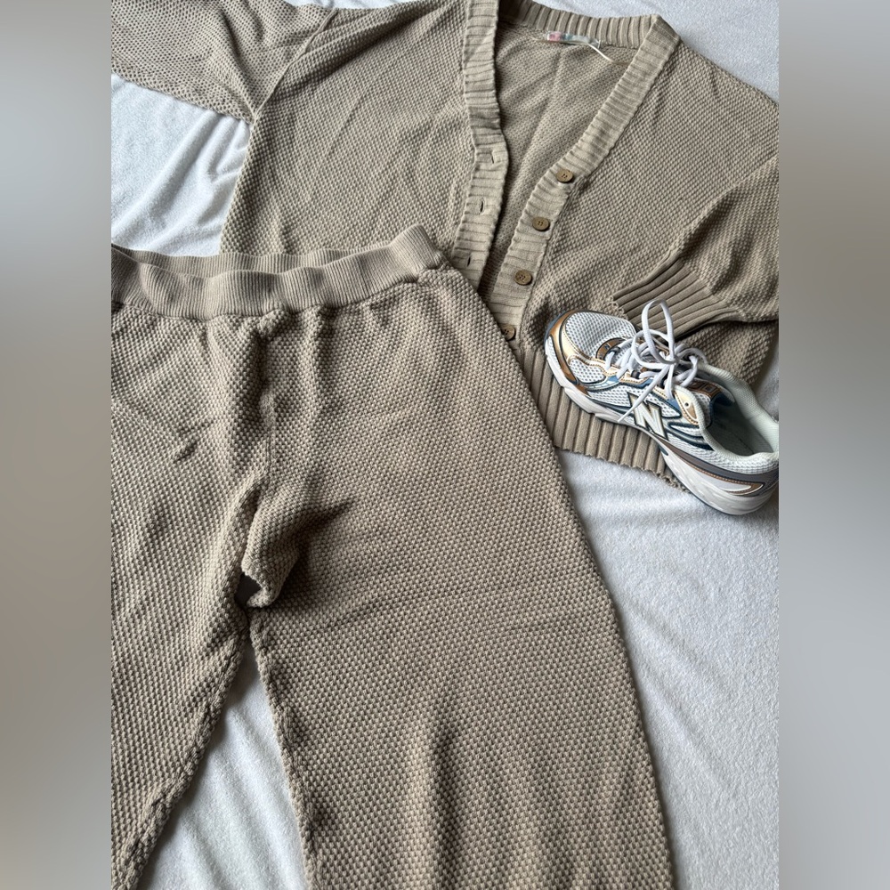 Free People Beige Knit Cardigan and Pants Set
